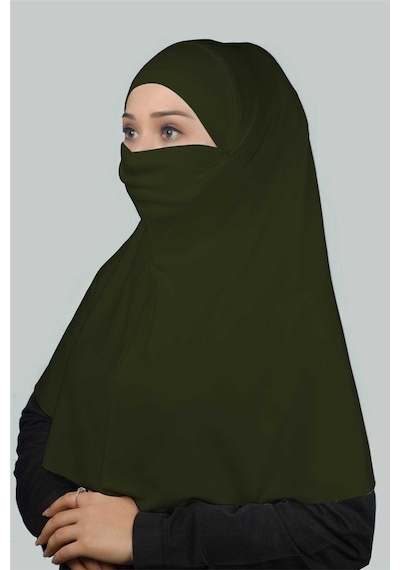 Altobeh Hazır Türban Peçeli Pratik Eşarp Tesettür Nikaplı Hijab - Namaz Örtüsü Sufle (XL) - Haki