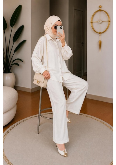 Hira Life Fashion Kadın Kolu Taş Detaylı Bel Bağlamalı Salaş Keten Gömlek Pantolon İki 'li Şık Takım Beyaz Beyaz Hira Life Fashion Kadın Kolu Taş Detaylı Bel Bağlamalı Salaş Keten Gömlek Pantolon İki 'li Şık Takım Beyaz Beyaz