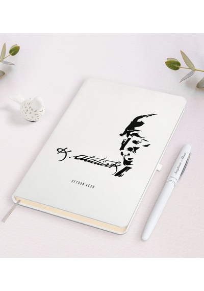 Kişiye Özel Atatürk Temalı Beyaz Defter ve Kalem Seti-21 Beyaz
