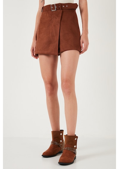 Lela Kışlık Regular Fit Asimetrik Kesim Fermuarlı Bayan Şort Etek 5865973 Taba