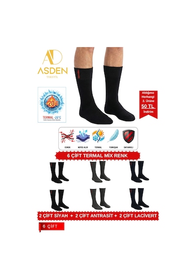 Asden 6 Çift Termal Erkek Çorap Ekstra Kalın Havlu Premium Pamuklu Burun Dikişsiz Kısa Konç Siyah Mix6