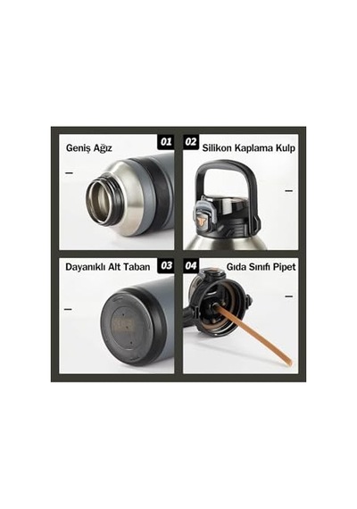 Tkk Mega Boy 1500ml Pipetli/pipetsiz Kullanım Askılı Paslanmaz Çelik Termos Matara Bej Genel