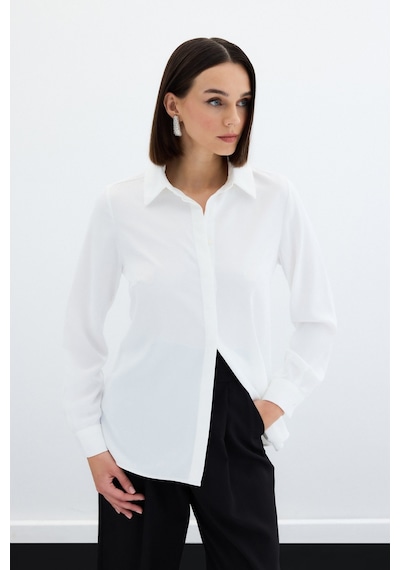 Sateen Klasik Düz Gömlek - Ekru