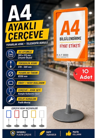 10 Adet - A4 Ayaklı Çerçeve Seti Yuvarlak Tabanlı Teleskopik Fiyat Etiketi Standı Turuncu