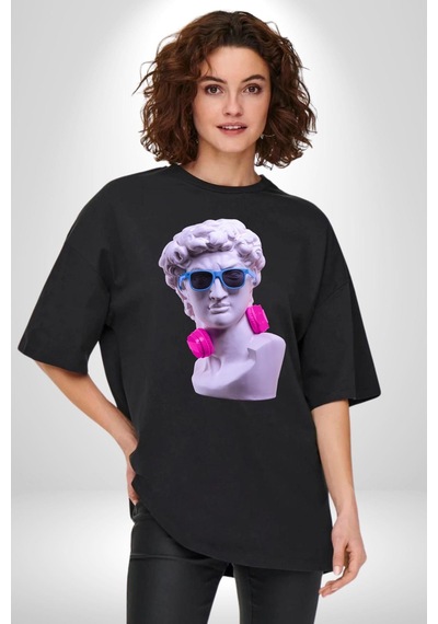 Kulaklık Gözlük Pop Art Heykel Pamuklu Bisiklet Yaka Unisex Oversize Boyfriend Dijital Baskılı Siyah T-shirt Siyah