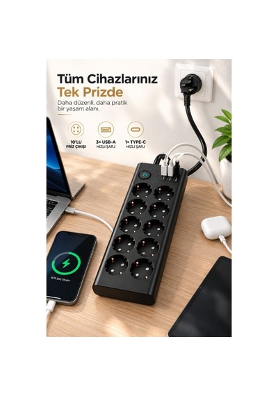10 Lu Akım Korumalı Priz 3680w 3 Usb-a + 1 Type-c Hızlı Şarj 2 Metre Kablo 0 - 2 M