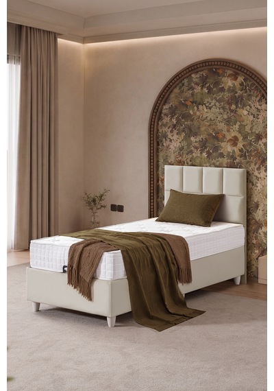 Baza Seti, Monaco Tek Kişilik Baza Başlık Maxi Yatak Seti, Bej - 90x190 Cm 90 x 190