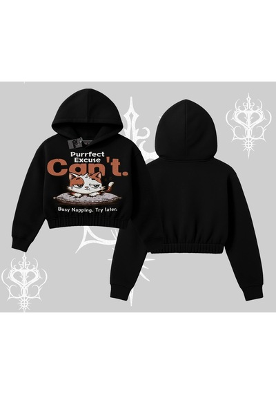 Startmore Kedi Baskılı Cant Busy Napping Y2k Kapşonlu Crop Sweatshirt Siyah