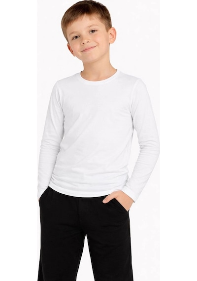 Erkek Çocuk Basic Uzun Kollu Tişört Okul Günlük Rahat T-shirt - Beyaz
