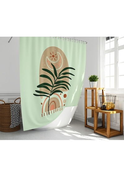 Banyo Duş Perdesi Palmiye Desen Yeşil Dijital Baskılı Banyo Perdesi, Tek Kanat C Halkalı-180x200 Cm Çok Renkli