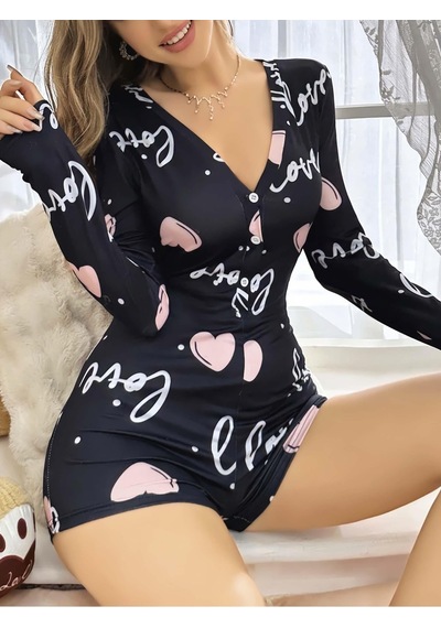 Kadın Siyah Kalp Desenli Love Yazılı Pijama Tulumu 5124