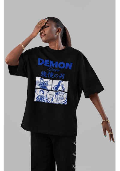 Sevbano Demon Slayer Anime Ön Baskılı Unisex Oversize Tişört Siyah