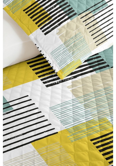 Geometrik Sarı Genç Odası Tek Kişilik Pike Takımı - Mint Çizgili 160x220 Cm Kapitone Yatak Örtüsü Ilık Amber Işıltısı