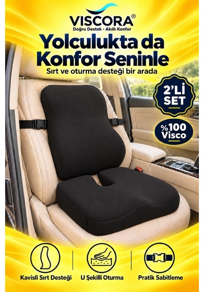 Araba Ve Ofis Koltuğu Sırt Ve Kuyruk Sokumu Minderi 2 Li Set Ergonomik Visco, Kaymaz Taban Siyah