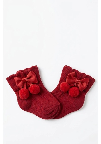Cocole Socks Kız Çocuk Aksesuarlı Soket Çorabı Tekli Pamuklu Ponponlu Kırmızı Desenli