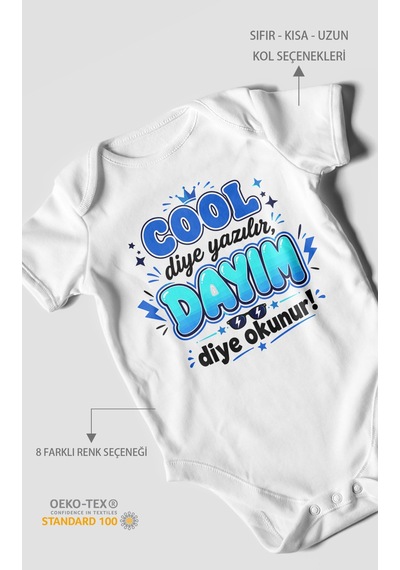 Morivokids Cool Diye Yazılır Dayım Diye Okunur Kısa Kollu Bebek Body %100 Pamuk Beyaz