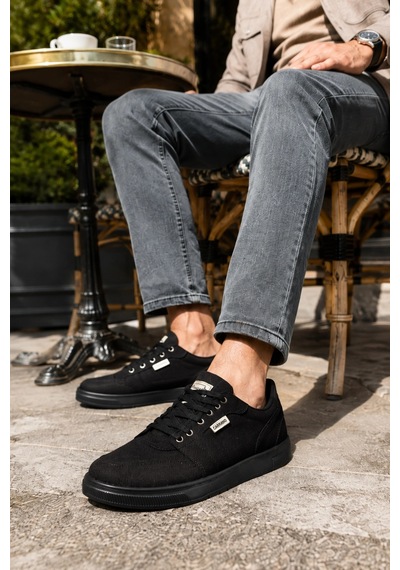 Mevese Camden Bağcıklı Keten Kumaş Erkek Günlük Sneaker Ayakkabı Siyah