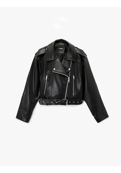 Koton Fermuar Detaylı Uzun Kollu Crop Oversize Suni Deri Biker Ceket Siyah 6sak20016ew