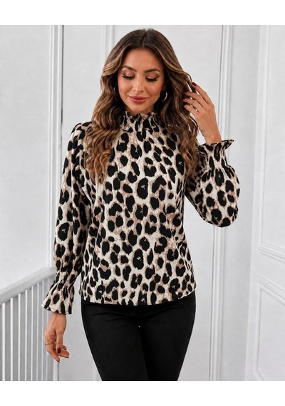 Suma Kadın Modal Bluz Uzun Kollu Balıkçı Yakalı Leopar Desenli