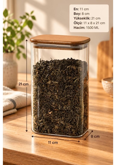 Atbyhome Ahşap Vakum Kapaklı Dikdörtgen Cam Kavanoz 1500 Ml - Çay Kahve Ve Erzak Saklama Kabı