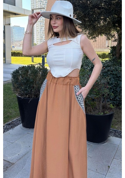 WeShaya Kadın Taba Beli Lastikli, Cepleri Hasır İşlemeli, Rahat Kesim, Uzun Kiloş Etek Taba