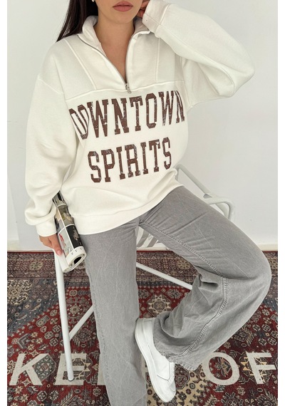 Noa & Noa Kadın Fermuarlı Baskılı Sweatshirt Downtown Energy Beyaz