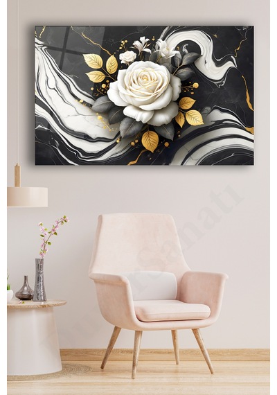 Soyut Siyah Beyaz Gold Gül Cam Tablo, Modern Ev Ofis Salon Duvar Dekoru, Hediyelik Tablo Dekor