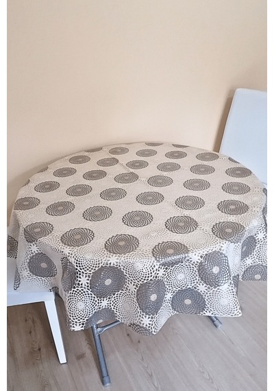 Üstü Şeffaf Muşamba Kaplama Dantel Görünüm Yuvarlak Masa Örtüsü -137 Cm Çap -krem Renk-cft Krem