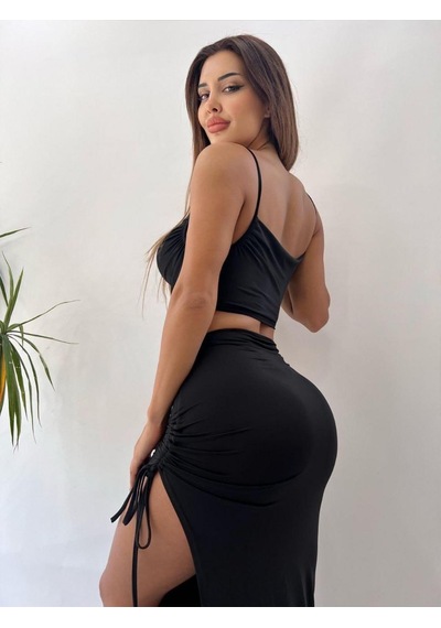 Pink Life Siyah Kriptografik Zarif Seksi İp Detaylı Maksi Elbise Siyah