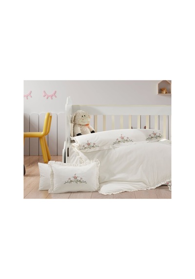 %100 Pamuk Pembe Zarif Çiçekli Nakışlı İşlemeli Fırfırlı Bebek Nevresim Takımı Beyaz - 786920629 Beyaz