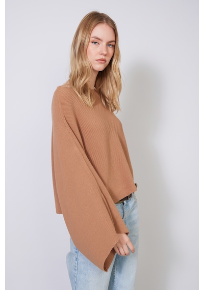 Yarasa Kol Kayık Yaka Triko Pelerin CAMEL