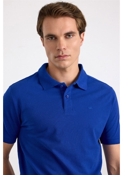 Süvari Saks Mavi Slim Düz Nakışlı Pike Düğmeli Polo Yaka Tişört Ts1014000474-m05