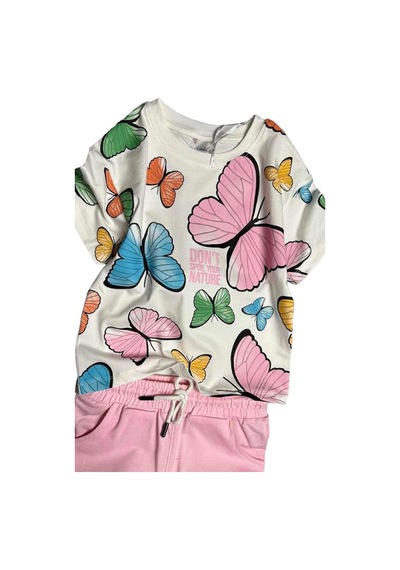 Riccotarz Kız Çocuk Üzeri Renkli Digital Kelebek Baskılı T-shirt Pembe Şortlu Takım Pembe