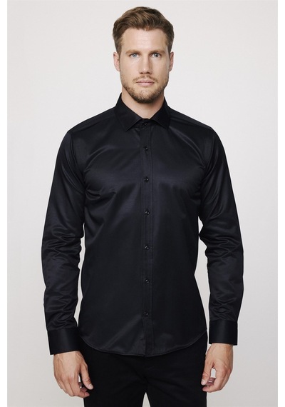 Tudors Modern Slim Fit Düz Saten Pamuklu Erkek Lacivert Gömlek-27777-siyah Siyah