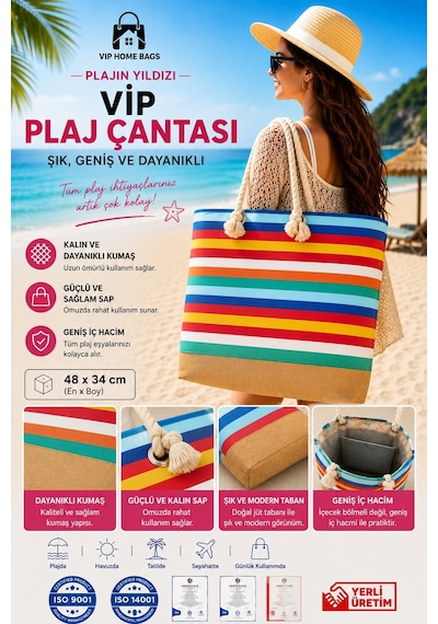 Plaj Çantası Vip Çanta El Ve Omuz Çantası Piknik Çantası-gökkuşağı Desenli
