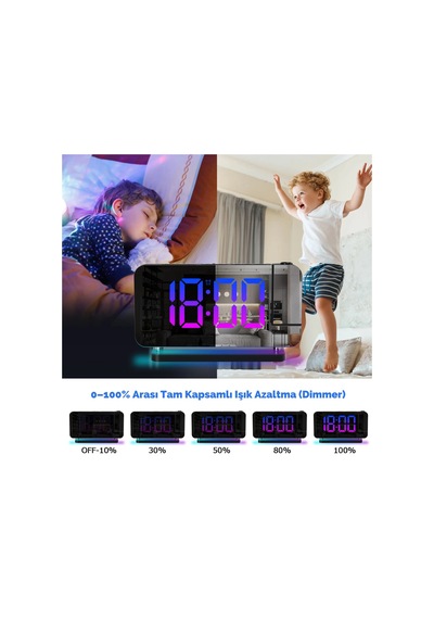 Etashop Rgb Projeksiyonlu Çalar Saat -7ayna Led Dijital Saat Tavana Zaman Yansıtma Usb & Type C Şarj Siyah