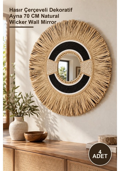 4 Adet Hasırlı Duvar Aynası Hasır Çerçeveli Dekoratif Ayna 70 Cm Natural Wicker Wall Mirror Diğer