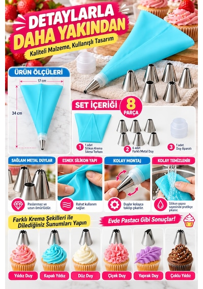 8 Parça Silikon Krema Sıkma Torbası Seti 6 Metal Duy Başlıklı Pasta Kek Cupcake Süsleme Aparatı Seti Çok Renkli