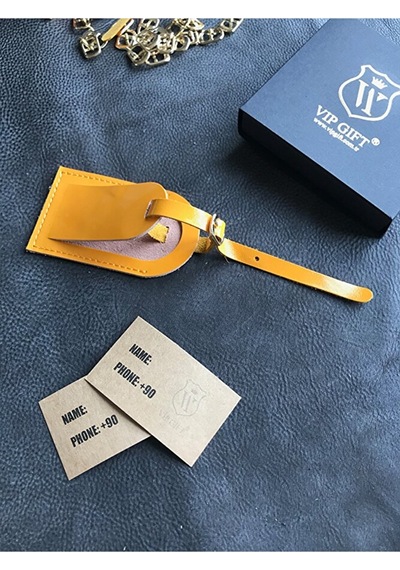 Vip Gift Voyager Bagaj Isimlik Valiz Bavul Etiketi Hakiki Deri Sarı Parlak