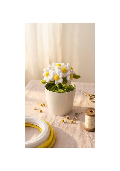 Şönil Beyaz Papatya Mini Saksı Minimal Beyaz - Sarı