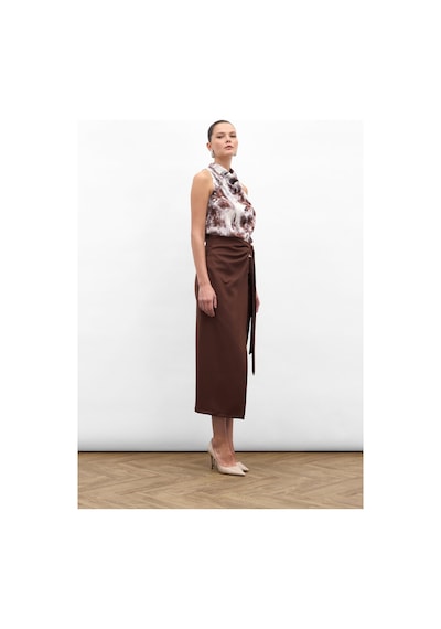 Sateen Aksesuar Kuşaklı Yırtmaçlı Etek - Kahve-136887 Kahve
