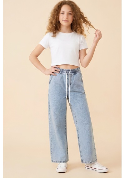 Modanino Kız Çocuk Beli Lastikli Ve Kordonlu Geniş Kesim Jean Pantolon 7-15 Yaş 12679sk Mavi