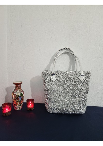 Fikriharika Design Lacebag, Metalik İp, Gümüş, Dantel, Işıltılı Kadın Omuz Çantası