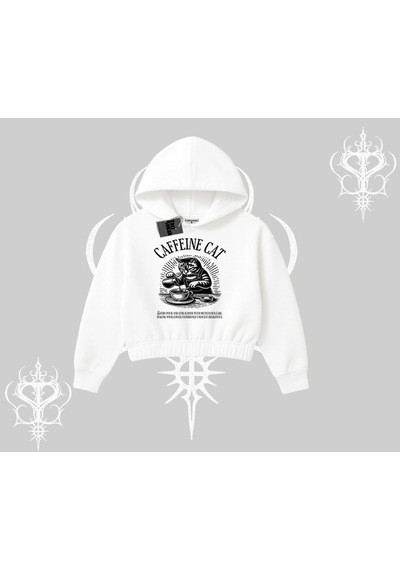 Startmore Kapşonlu Crop Sweatshirt Caffeine Cat Kahve Temalı Kedi Baskılı Beyaz