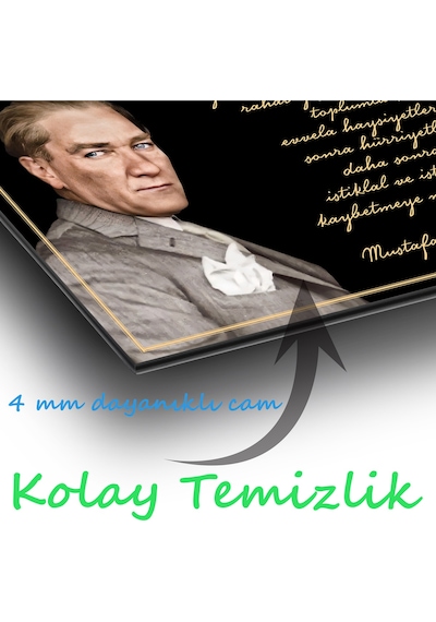 Atatürk Ve Sözleri Yatay Cam Tablo, Modern Ev Ofis Salon Duvar Dekoru Hediyelik Büyük Tablo Dekor