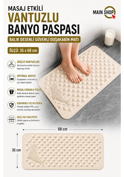 Mainshop 1 Adet Vantuzlu Banyo Ve Duş Kaydırmazı Duşa Kabin Küvet Içi Paspası Balık Desenli 35 X 68 Cm M-10 Bej