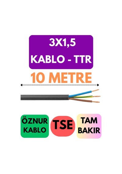 Öznur 3x1,5 Ttr Kablo Metre Seçenekli Siyah - 10 Metre