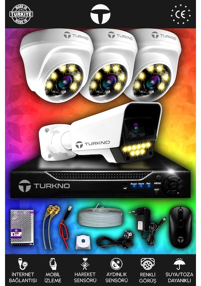 Turkno 4 Kameralı Supia 3 İç Kamera Set HDD'siz 5 MP 2K Net Renkli Gece Görüşlü Güvenlik Kamerası Sistemi