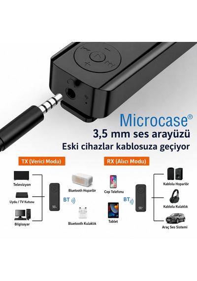 Microcase Bluetooth 5.3 Alıcı Verici Aux Adaptör Tx Rx Kablosuz Araç Ses Sistemi Ve Hoparlör Dönüştürücü Al5780