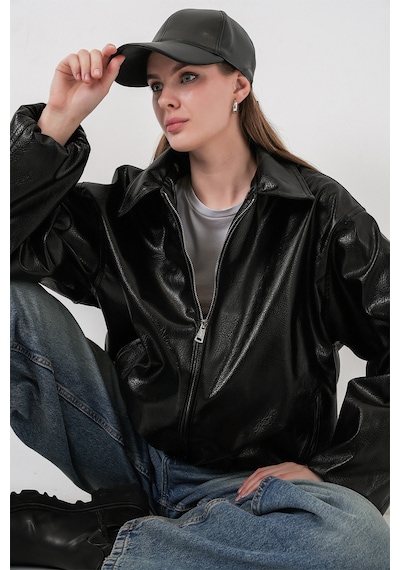 Bigdart Kadın Oversize Suni Deri Ceket 1049 - Siyah